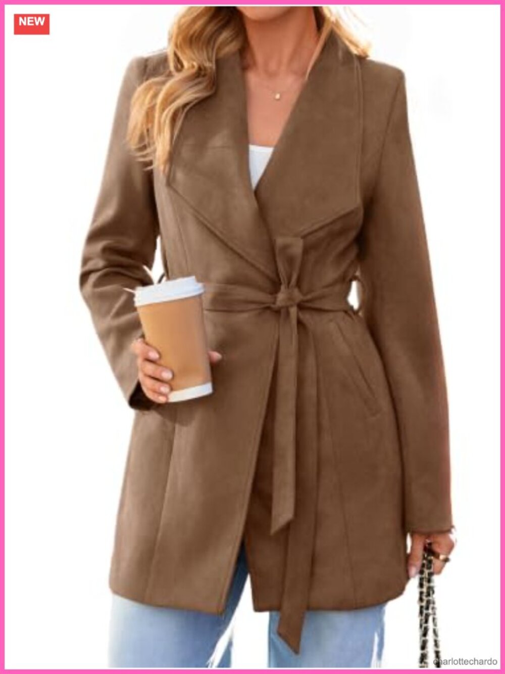 Faux Suede Open Front Belted Tie Waist Trench Coat with Pockets Long Sleeve Fall